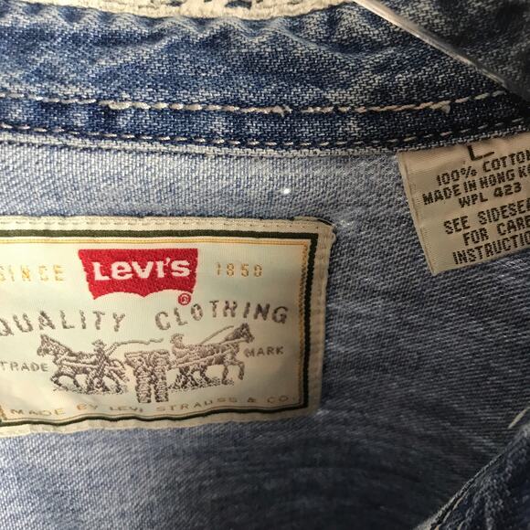 Vintage Levi's Chambray Denim Shirt Shacket Oversized Upcycled Doily Lace Boho L - Picture 13 of 16